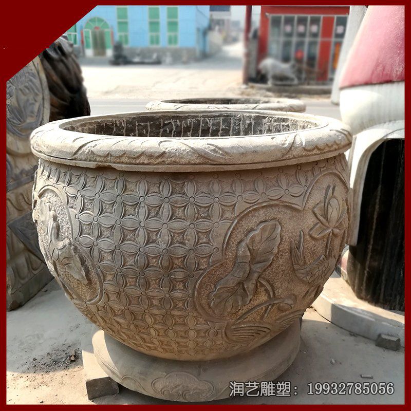 景区大理石荷花水缸景观石雕 景区大理石荷花水缸景观石雕