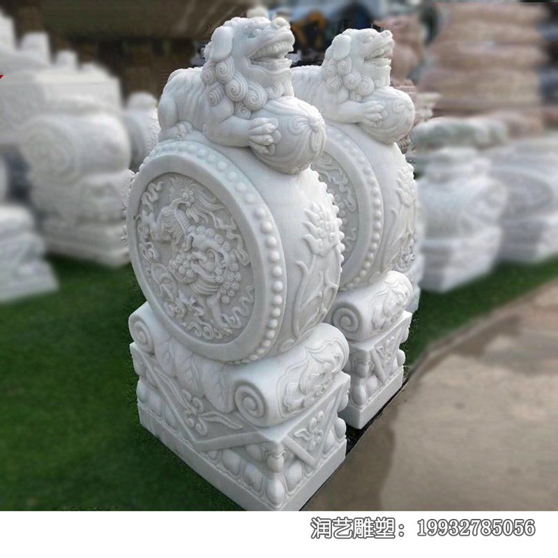 企业草白玉抱鼓石景观石雕 企业草白玉抱鼓石景观石雕